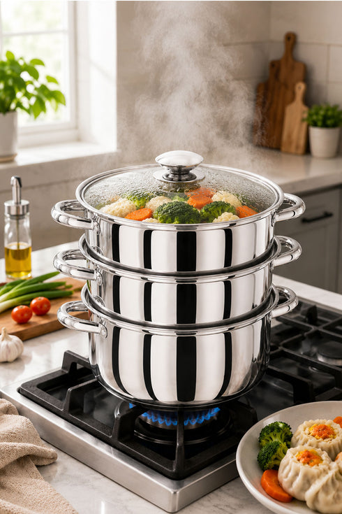 3 Tier Stainless Steel Steamer Set with Glass Lid