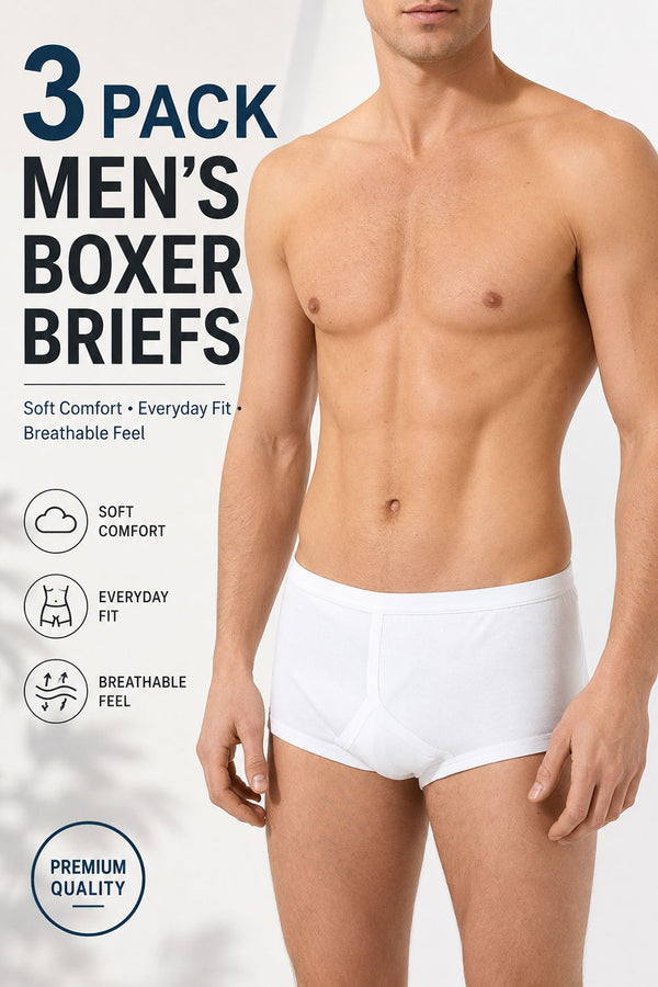 3 Pack Men’s White Boxer Briefs – Soft Cotton Comfort Trunks