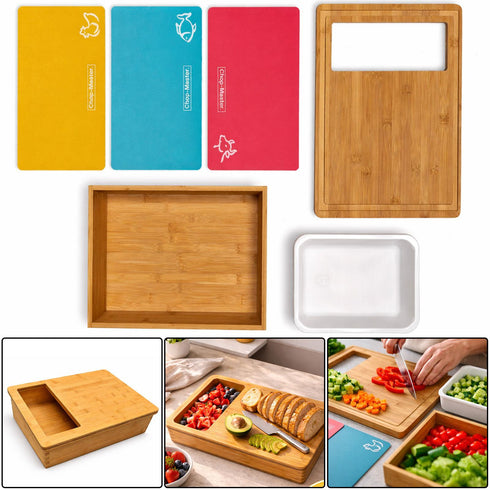 Bamboo Cutting Board Set with Colour-Coded Chopping Mats & Storage Tray – Hygienic Kitchen Food Prep System