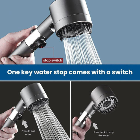 TrueFace 3 Mode Turbocharged High Pressure Shower Head – Water Saving Handheld Spray with On/Off Switch (Matte Grey)