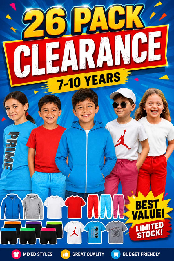 26 Pack Kids Clothing Clearance Bundle – Hoodies, T-Shirts, Joggers & Boxer Shorts, Ages 7–10