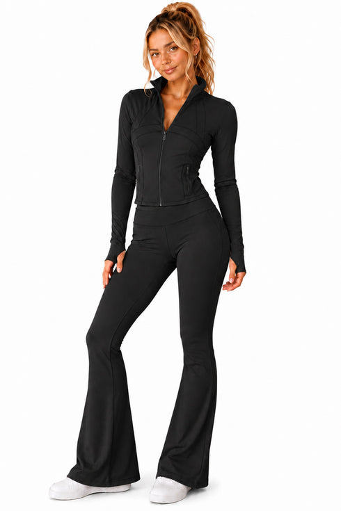 Women’s Zip Up Active-wear Set with Flared Leggings