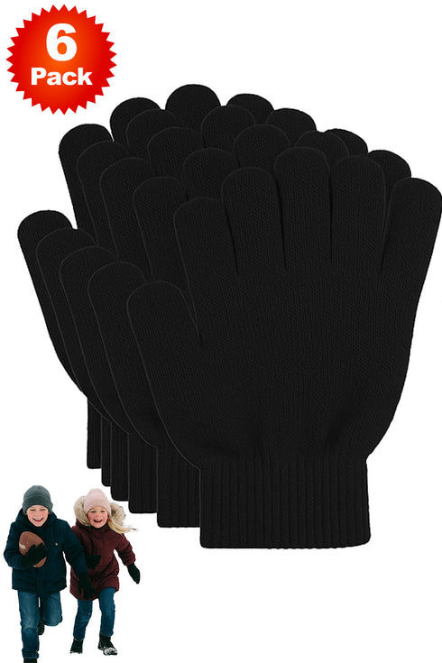 Kids Black Knit Winter Gloves 6 Pack – Warm, Stretchable, Unisex Cold Weather Handwear