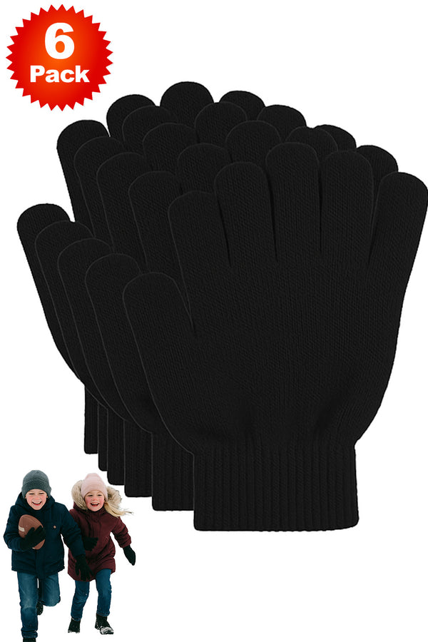 Kids Black Knit Winter Gloves 6 Pack – Warm, Stretchable, Unisex Cold Weather Handwear
