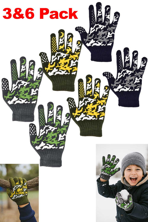 Kids Camouflage Grip Gloves 3 & 6 Packs – Assorted Colors | Durable Knitted Anti-Slip Gloves