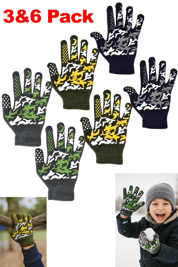 Kids Camouflage Grip Gloves 3 & 6 Packs – Assorted Colors | Durable Knitted Anti-Slip Gloves
