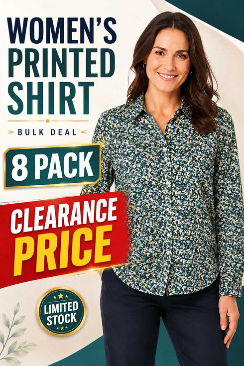 8 Pack Women’s Green Floral Long Sleeve Collared Shirt - From £1.99 Per Unit