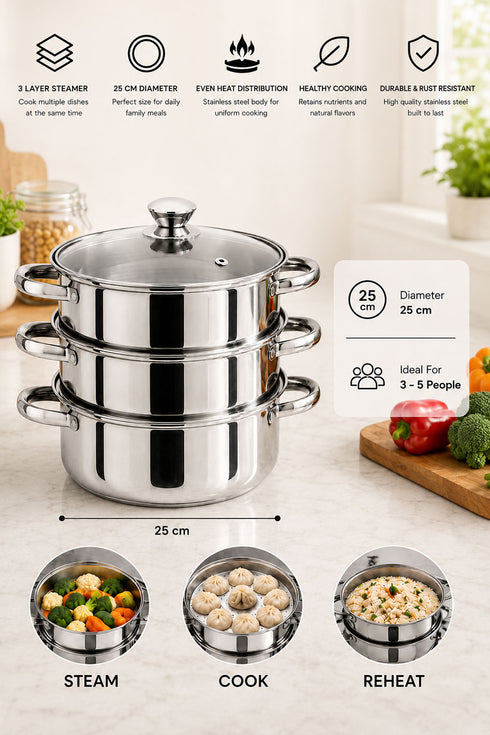 3 Tier Stainless Steel Steamer Set with Glass Lid