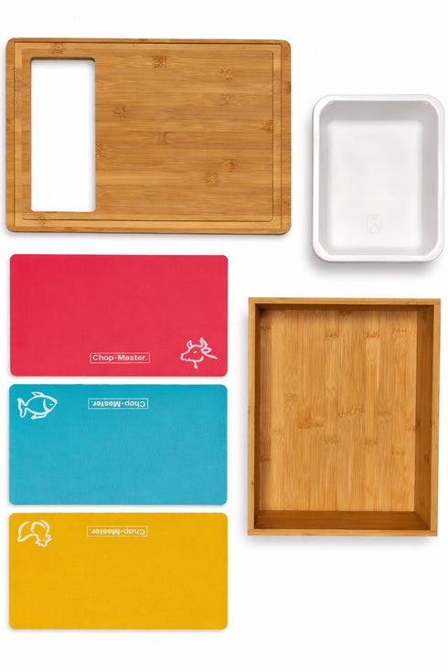 Bamboo Chopping Board with Storage Drawers & Colour-Coded Mats