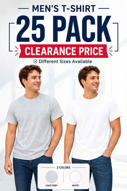 25 Pack Mens Plain T-Shirts Grey White Mixed Sizes - From 79p Per Unit