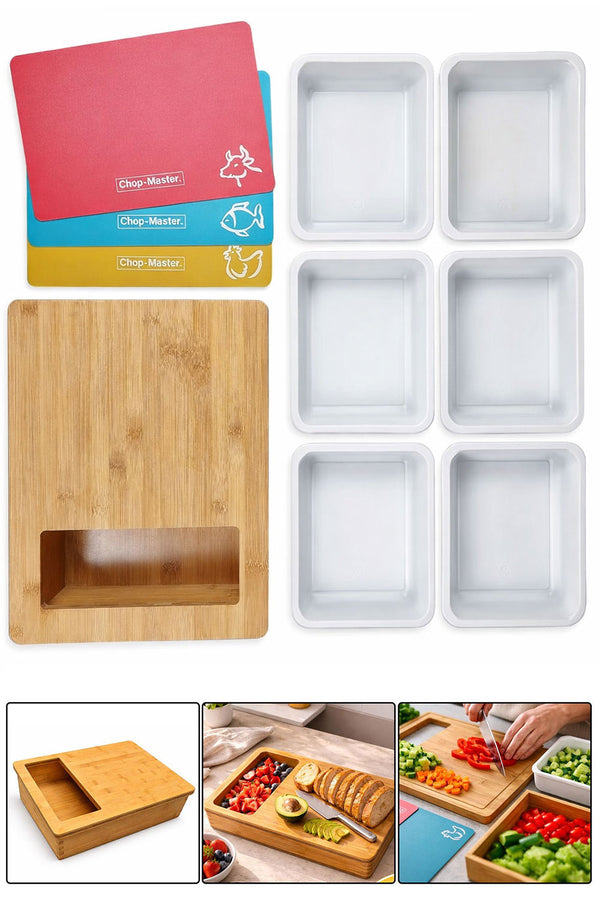 Bamboo Chopping Board with Storage Drawers & Colour-Coded Mats