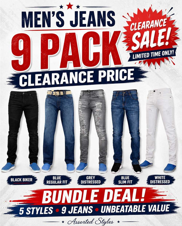 9 Pack Men’s Jeans Bundle – Slim Fit, Biker, Distressed & Regular Fit Denim