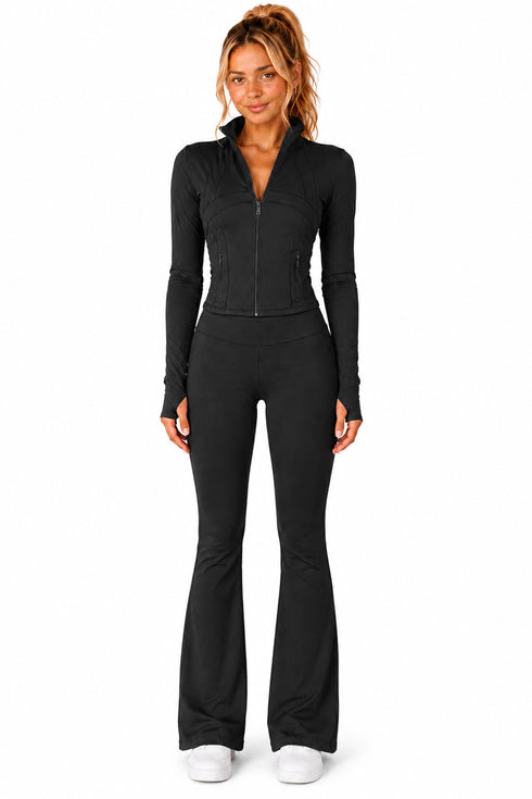 Women’s Zip Up Active-wear Set with Flared Leggings
