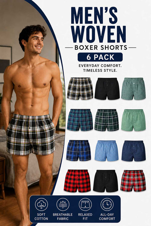 6 Pack Men's Check Woven Cotton Boxers