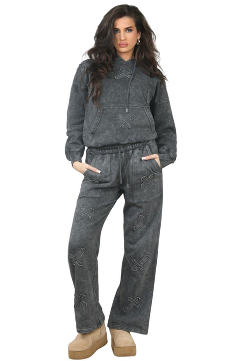 Women’s Oversized Cross Applique Tracksuit – Drop shoulder Hoodie & Wide Leg Joggers Set