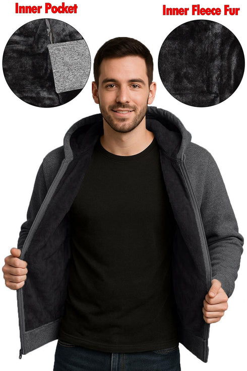 Men’s Fleece Lined Hoodie with Inner Pocket – Warm Winter Zip Up Sweatshirt Jacket