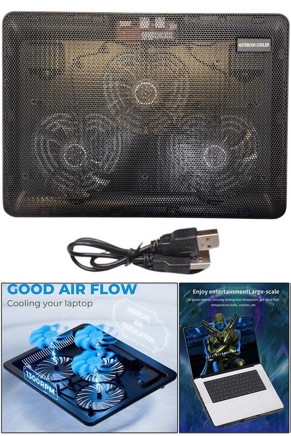Laptop Cooling Pad with 3 Fans & Blue LED – Silent USB Notebook Cooler Stand for Gaming & Office Use