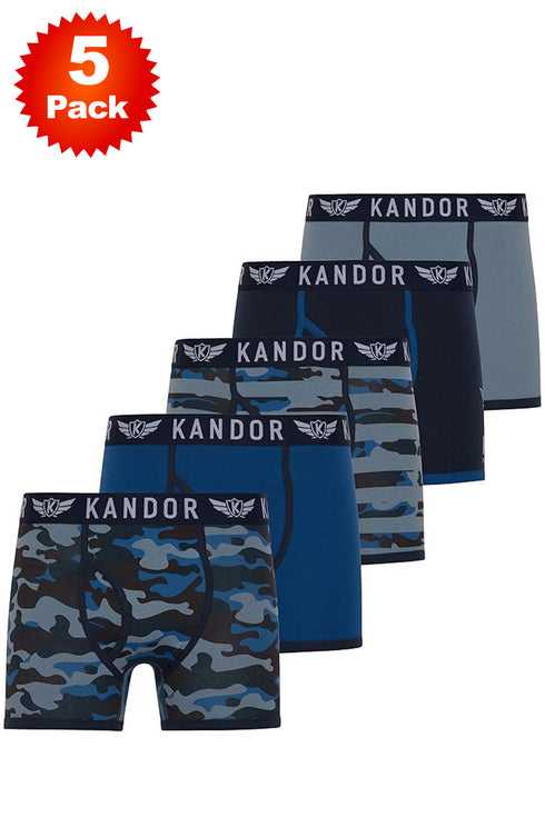 5 Pack Kandor Men’s Boxer Briefs Multipack – Cotton Stretch Underwear with Camo, Solid & Contrast Waistband
