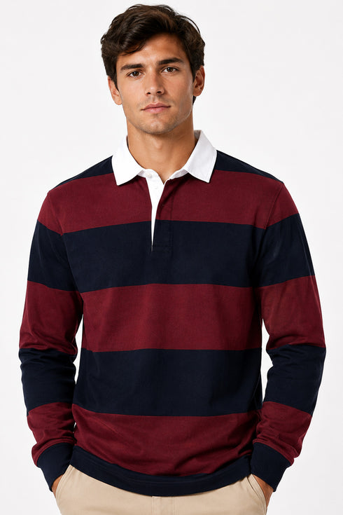 Men’s Long Sleeve Striped Rugby Shirt – 100% Cotton Polo Top.