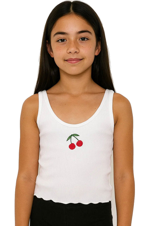 Kids Girls White Cherry Embroidered Sleeveless Crop Top | Age 10-12 Years