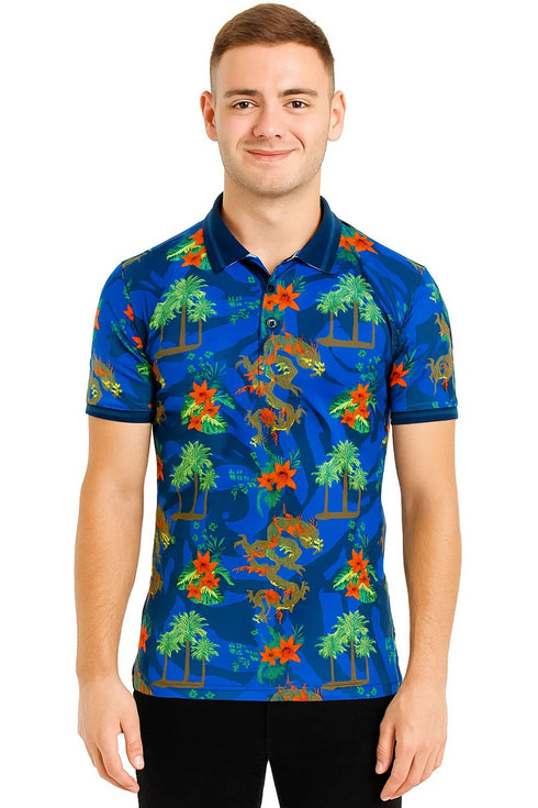Men’s Blue Polo Shirt with Dragon & Tropical Floral Print – Stylish Casual Wear