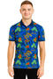 Men’s Blue Polo Shirt with Dragon & Tropical Floral Print – Stylish Casual Wear