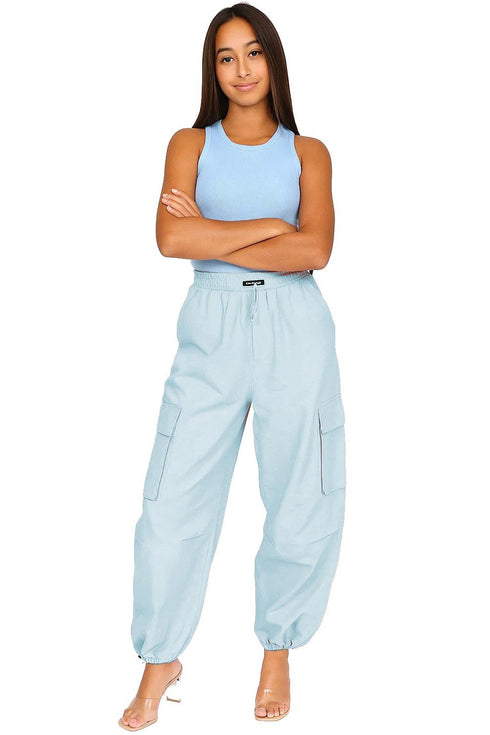 Womens Baggy Cargo Trousers – Drawstring Waist, Loose Fit Combat Pants with Pockets