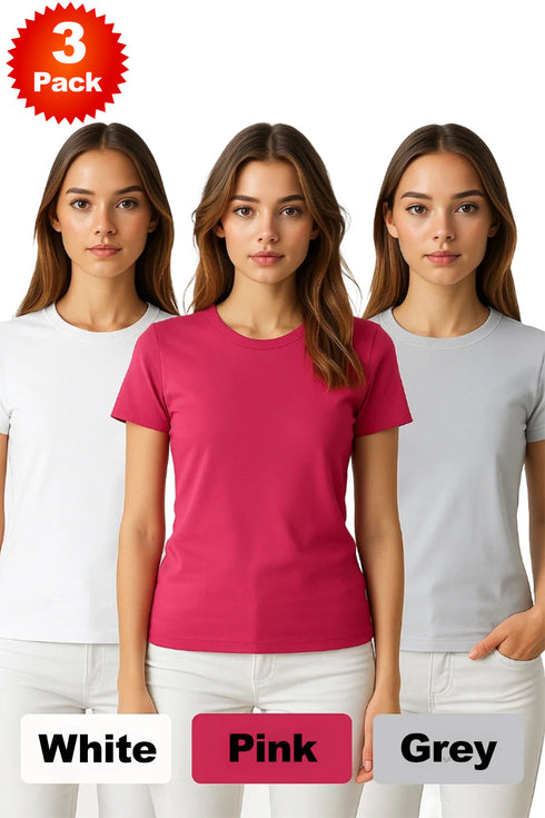 3 Pack Womens Plain Crew Neck T-Shirts