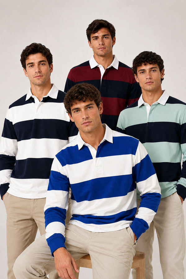 Men’s Long Sleeve Multi Striped Rugby Polo Shirt