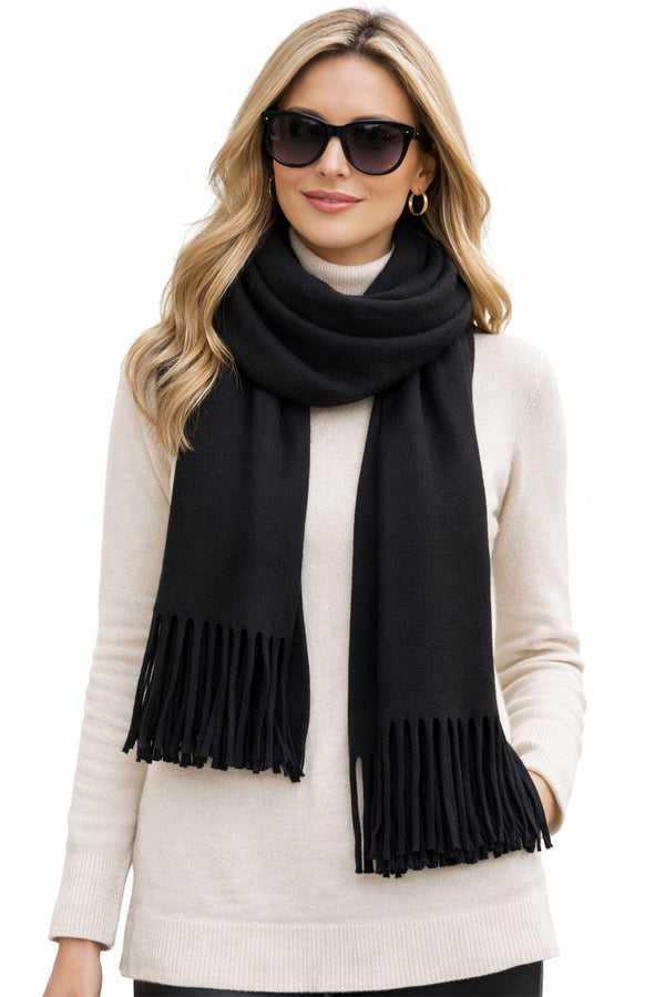 Women’s Black Fleece Scarf with Fringe – Winter Soft Touch Wrap