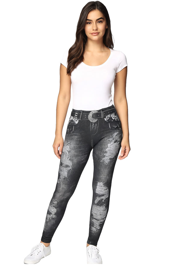 Women’s Ripped Denim Print Jeggings – High Waist Stretch Skinny Jeans with Faux Belt Design
