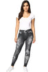 Women’s Ripped Denim Print Jeggings – High Waist Stretch Skinny Jeans with Faux Belt Design