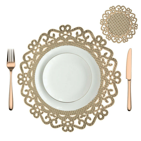 4 Pack Round Gold PVC Placemats & Coasters
