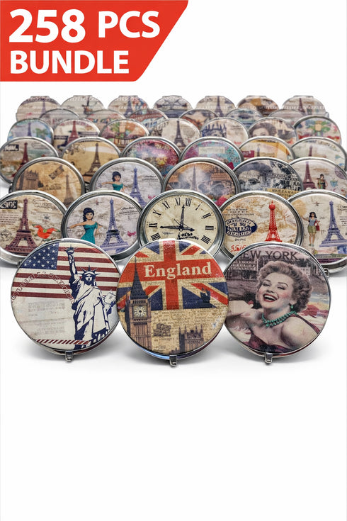 258 PCS Vintage Travel-Themed Compact Vanity Mirrors – Assorted Designs Wholesale Bundle - 39p Per Piece