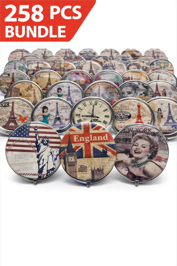 258 PCS Vintage Travel-Themed Compact Vanity Mirrors – Assorted Designs Wholesale Bundle - 39p Per Piece
