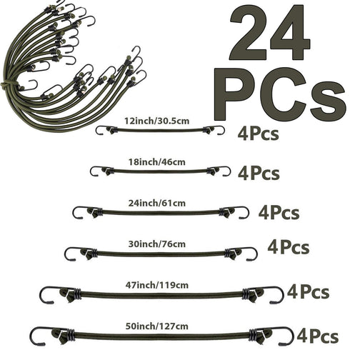 Bungee Cords With Hooks - 12/24 Pieces