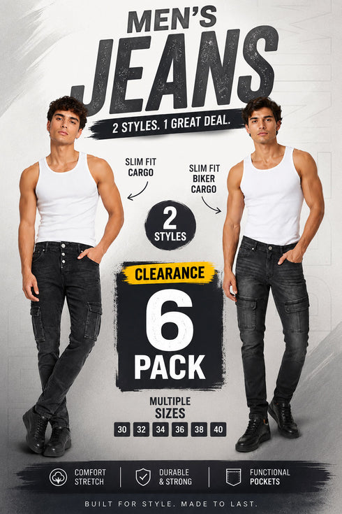 6 Pack Men’s Brave Soul Charcoal Cargo Jeans - From £7.49 Per Unit