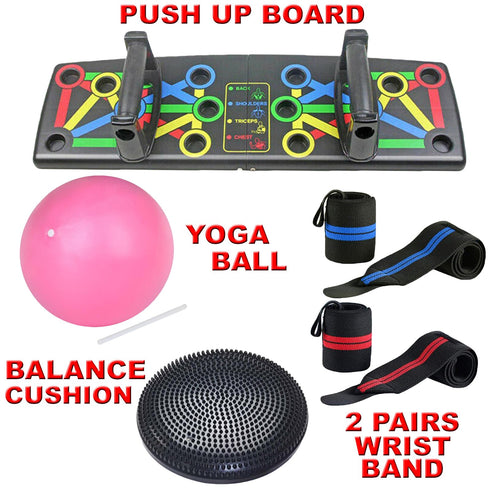 5 Pieces Home Fitness Pack – Push Up Board, Yoga Ball, Balance Cushion & Wrist Straps