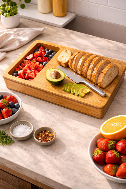 Bamboo Chopping Board with Storage Drawers & Colour-Coded Mats