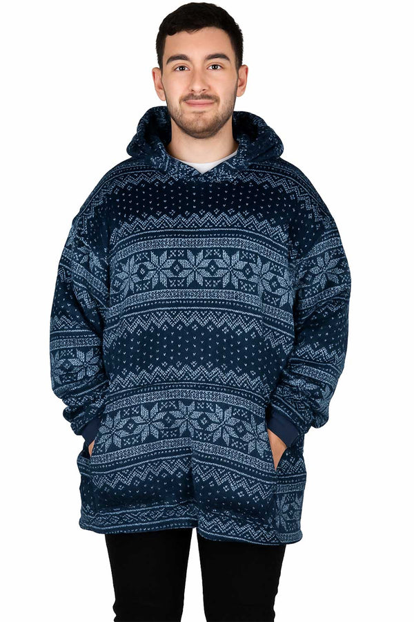 Unisex Navy Snowflake Pattern Pullover Blanket Hoodie