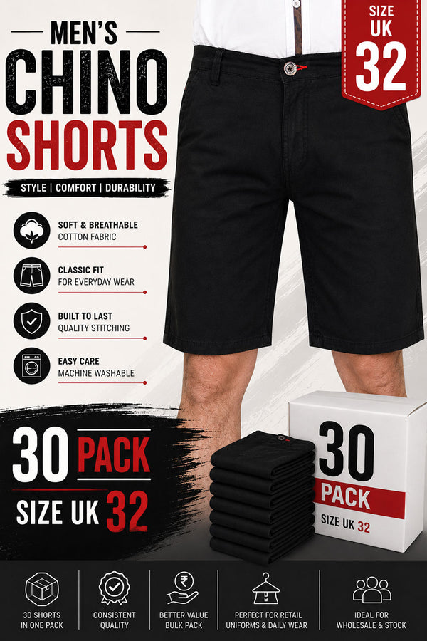 30 Pack Jack South Black Chino Cotton Shorts UK 32 - From £2.49 Per Unit