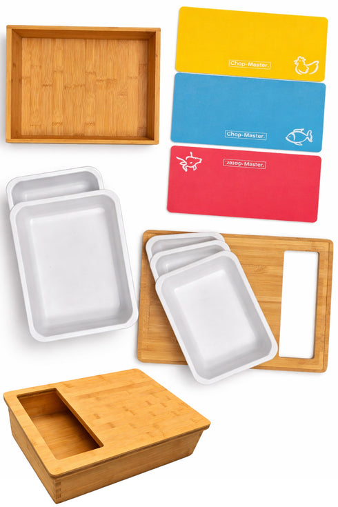 Bamboo Chopping Board with Storage Drawers & Colour-Coded Mats