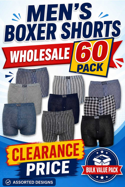 60 Pack Men’s Cotton Boxer Shorts - From 49p Per Unit