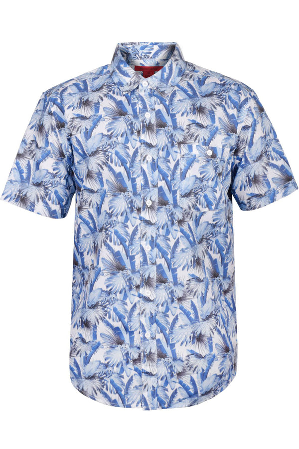 Mens Blue Tropical Floral Print Hawaiian Shirt