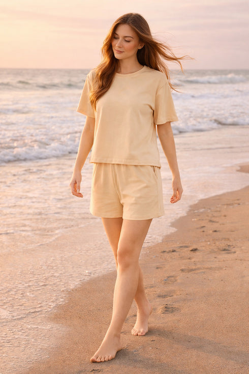 Women’s Polycotton Lounge-wear Set – 2 Piece T-Shirt & Shorts Co-Ord