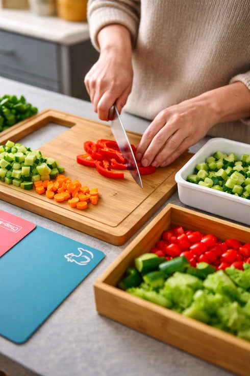 Bamboo Chopping Board with Storage Drawers & Colour-Coded Mats
