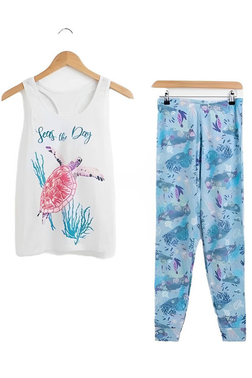 Women’s Summer Pajama Set – Sleeveless Tank Top with Sea Turtle Print & Ocean-Themed Trouser