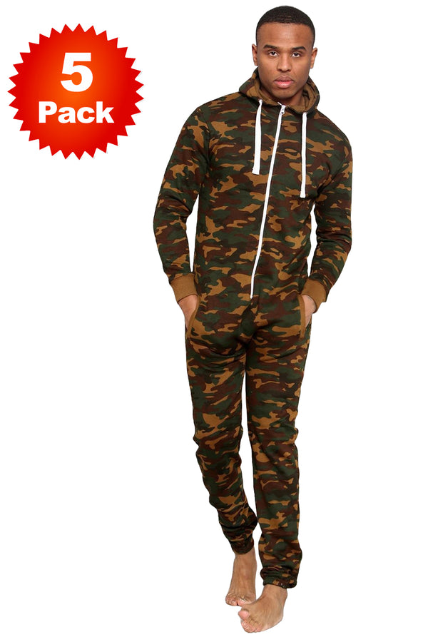 Men's Camouflage Army Printed Hooded Jumpsuit - 5 Pack