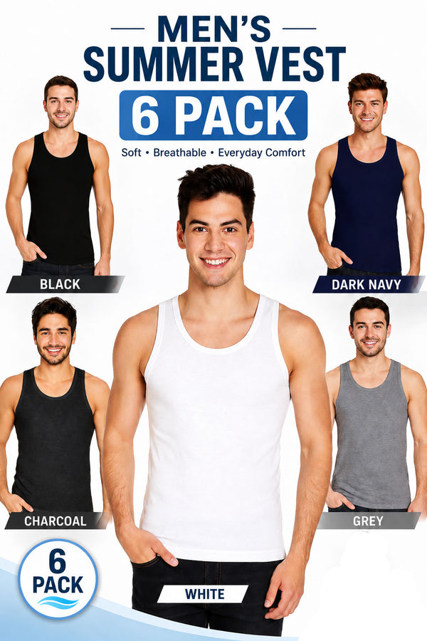 6 Pack Men's Plain Polycotton Sleeveless Vest – Soft, Lightweight, Print-Friendly Gym Tank Top