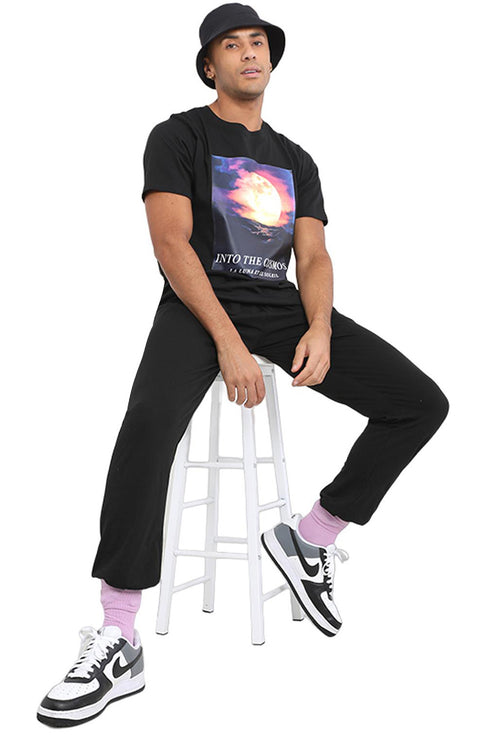 Men's Black Lounge Set with Graphic Print T-Shirt and Relaxed Fit Pants – Casual Comfortwear for Everyday Style